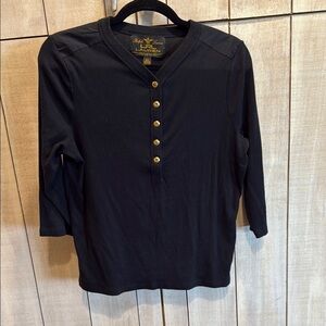 Lauren Ralph Lauren Black Label Black Henley Top with Gold Snap Buttons Sz Large